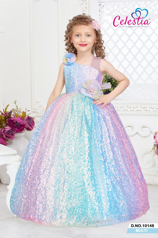 Celestia Girls Iridescent Sequin Pastel Long Gown in Multi