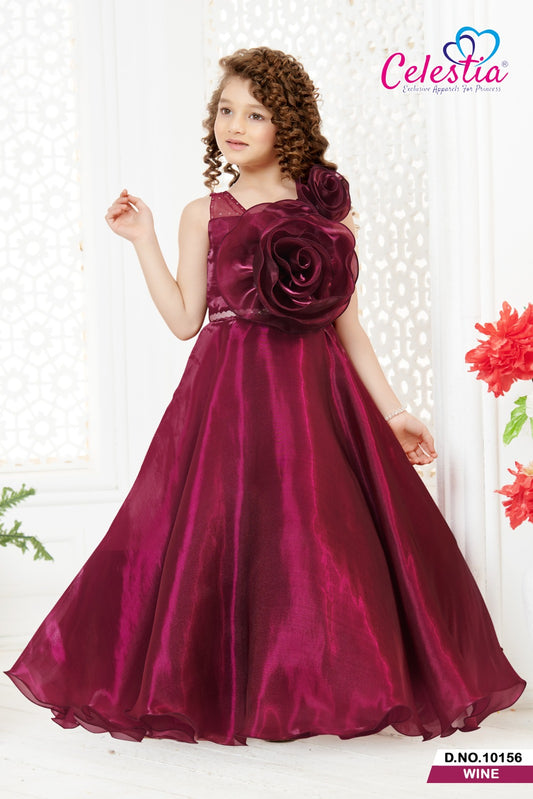 Celestia Girls Wine Rose Sweetheart Long Gown in Wine