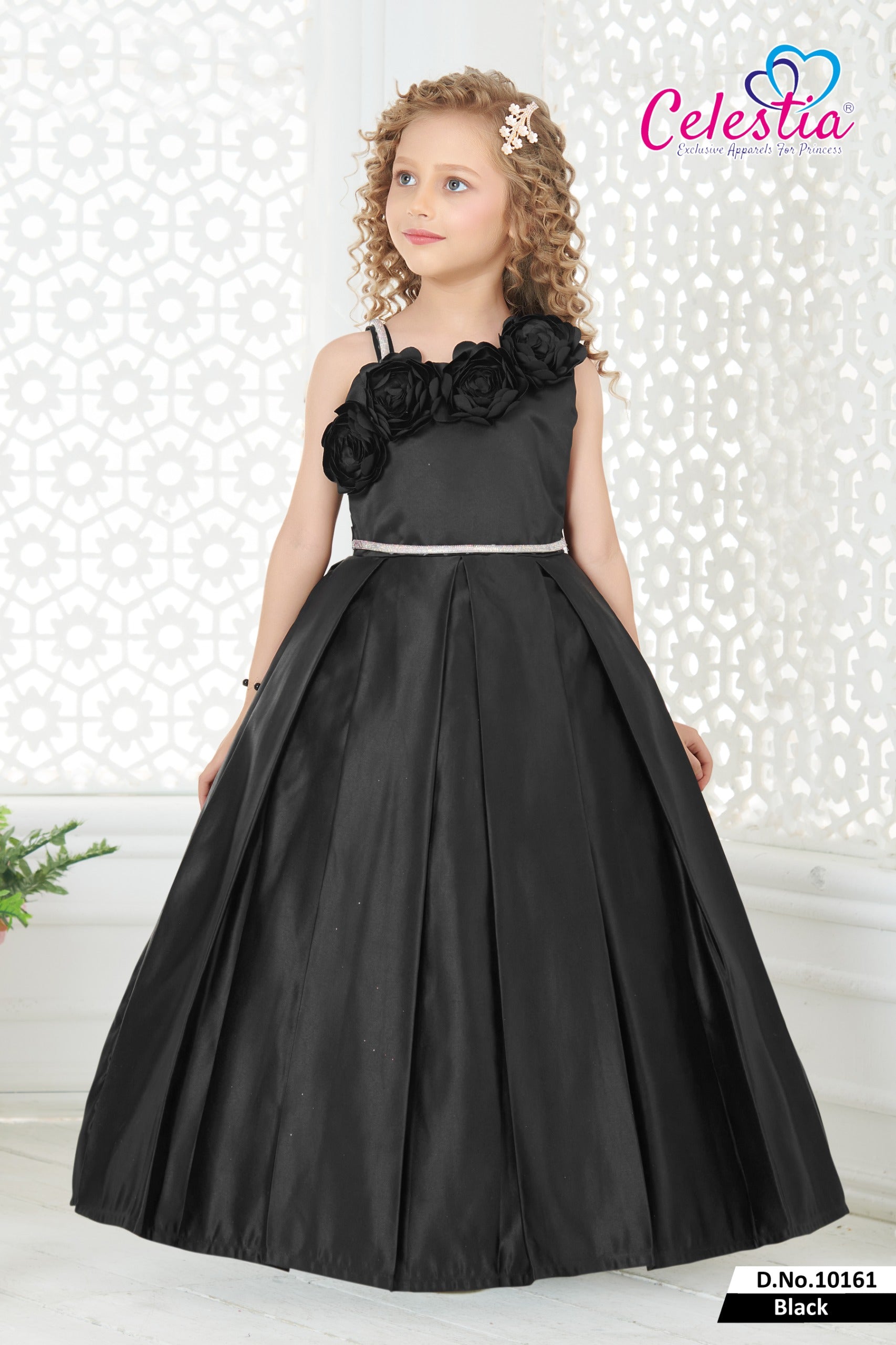 Celestia Girls Black Rosette Box Pleat Gown in Black