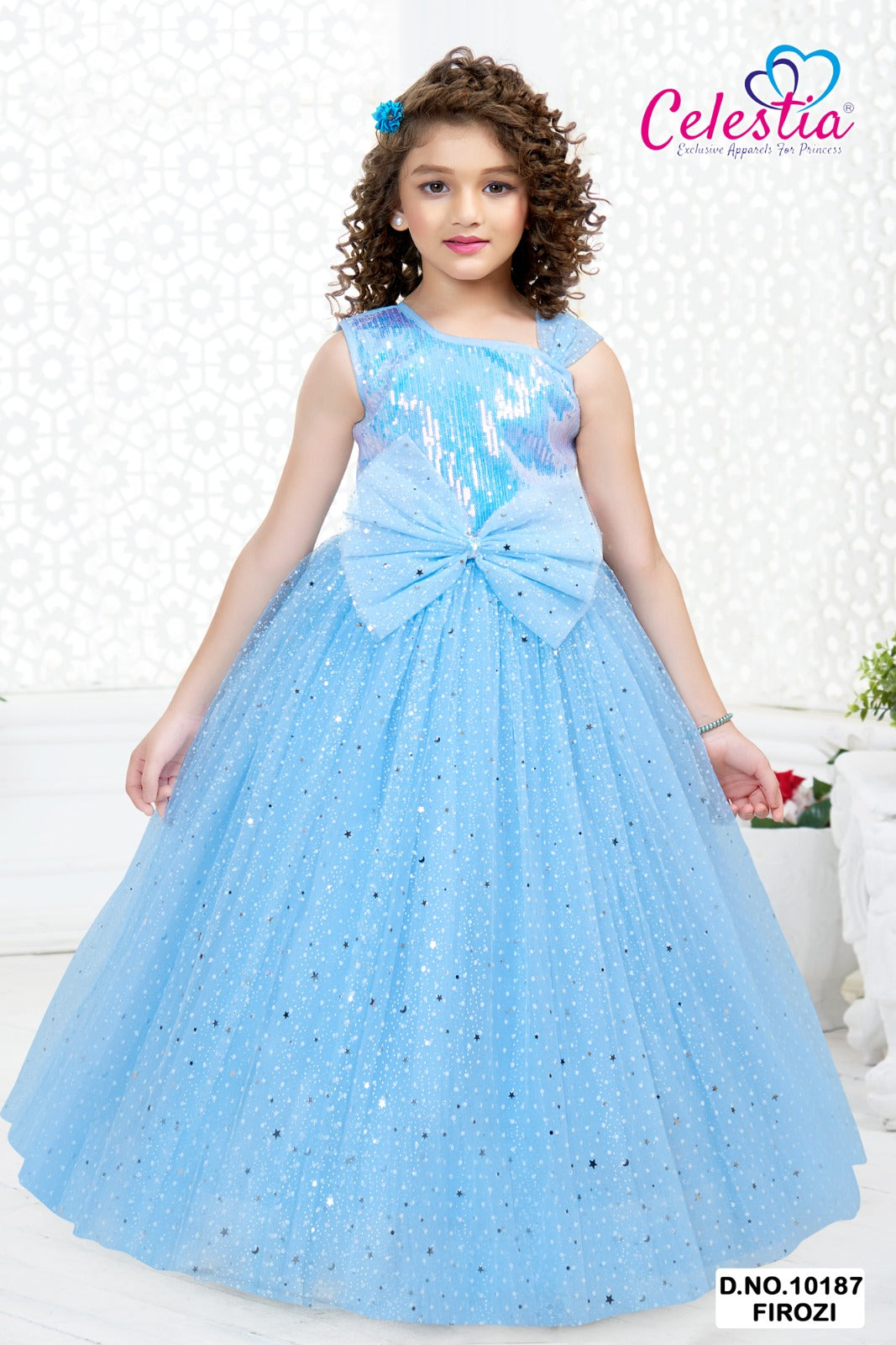 Celestia Girls Sequin Bow Glitter Net Gown in Firoji