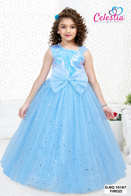 Celestia Girls Sequin Bow Glitter Net Gown in Firoji