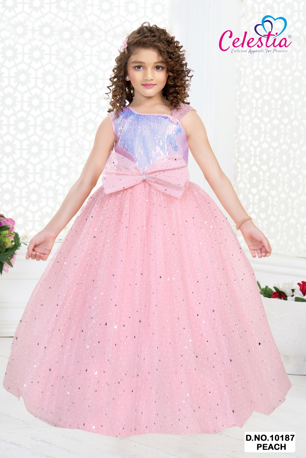 Celestia Girls Sequin Bow Glitter Net Gown in Peach