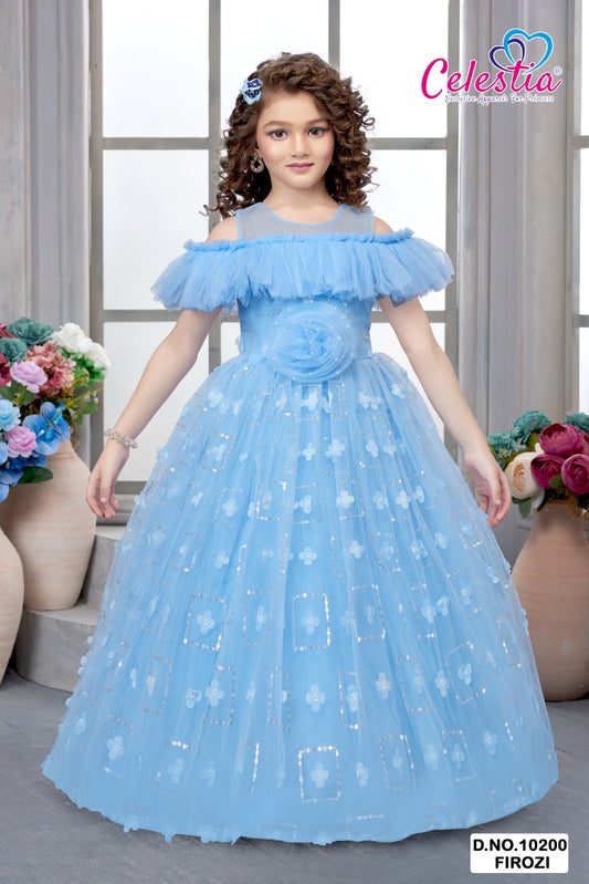 Celestia Girls Sky Blue Off Shoulder Long Gown in Firoji