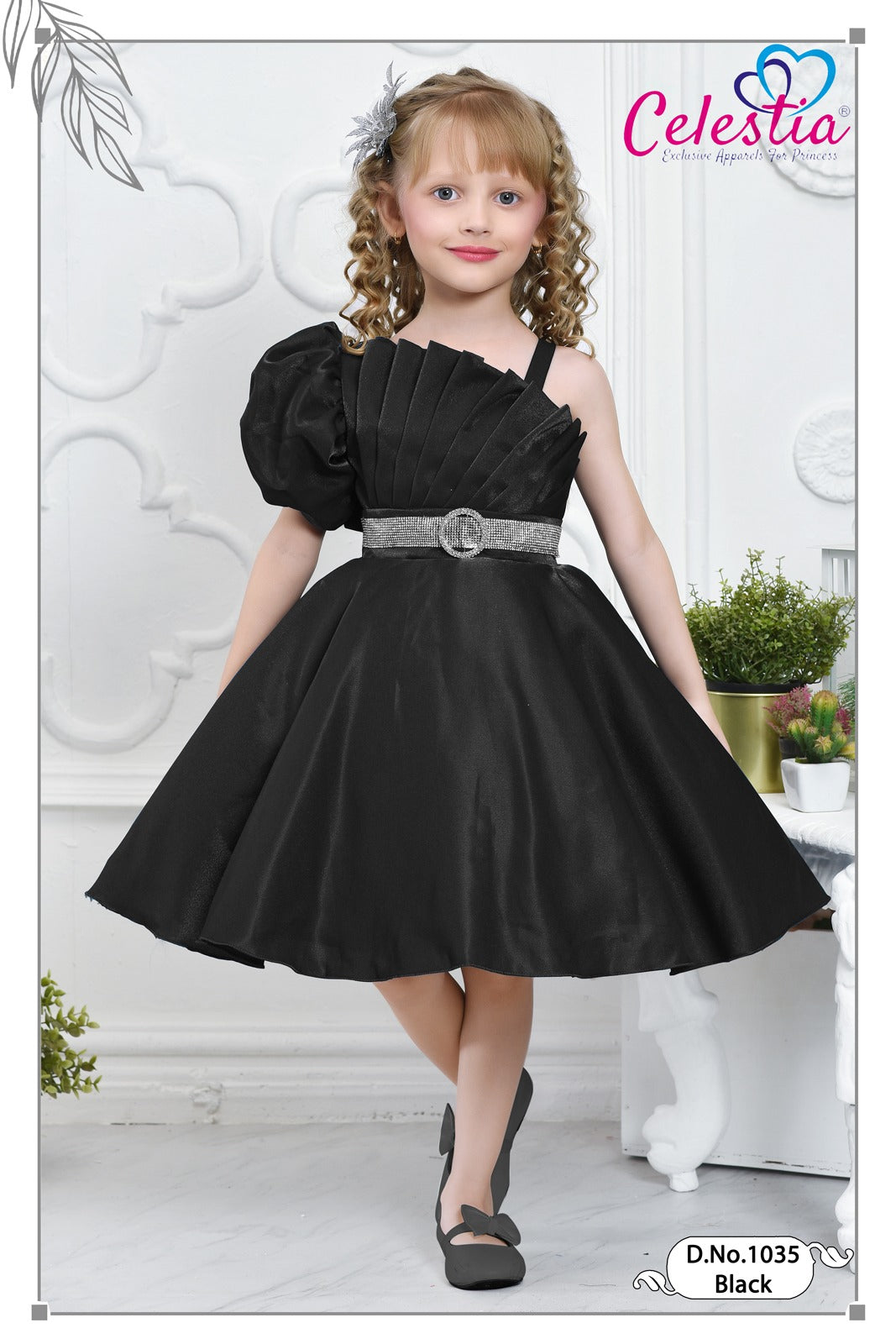 Celestia Girls One Shoulder Pleated Party Frock in Black