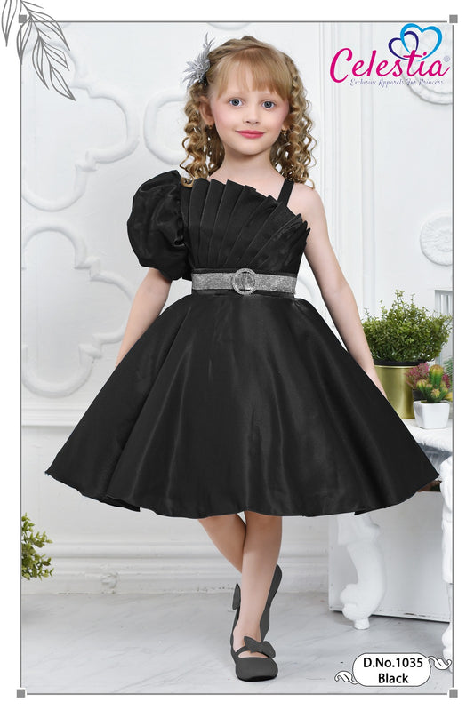 Celestia Girls One Shoulder Pleated Party Frock in Black
