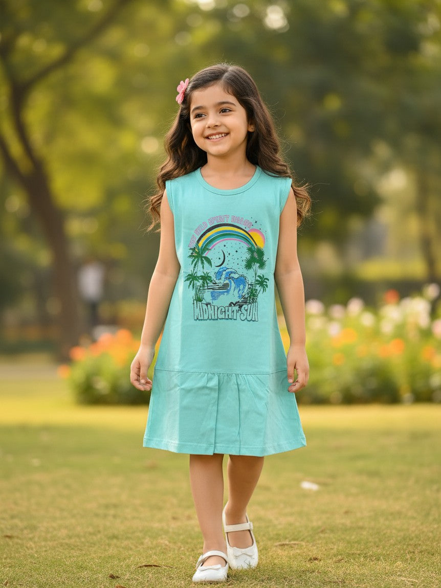Tomato girls lime Midnight Sun print sleeveless frock with flounce hem