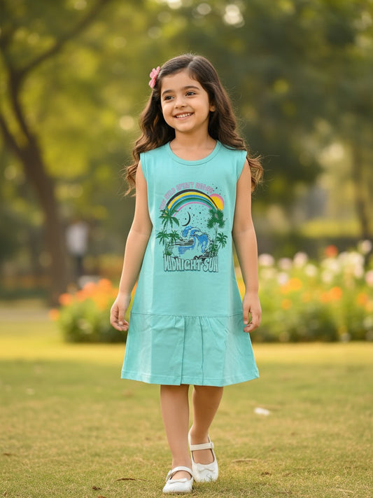 Tomato girls lime Midnight Sun print sleeveless frock with flounce hem