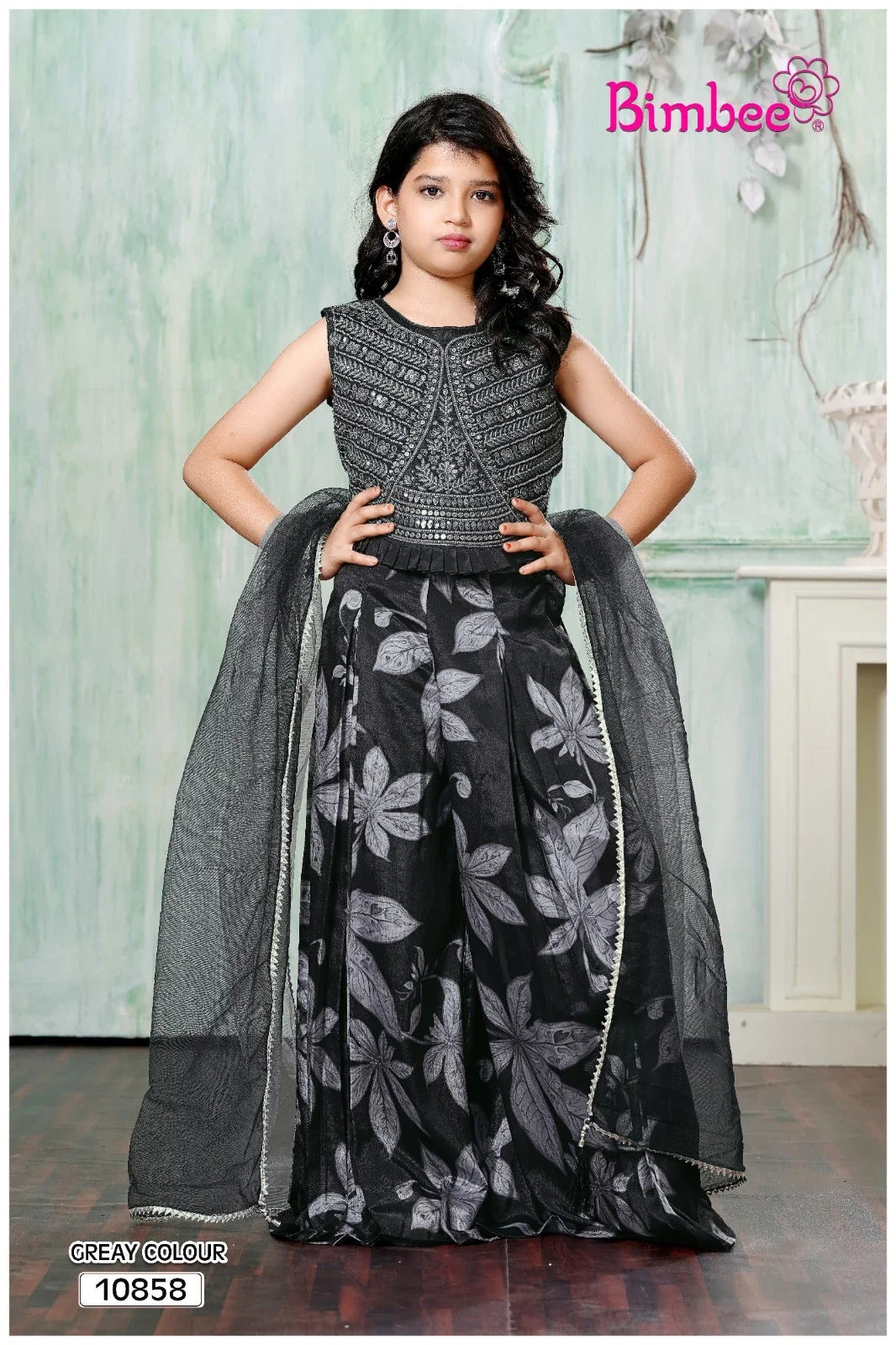 Bimbee girls black floral plazo suit with mirror-work top and dupatta