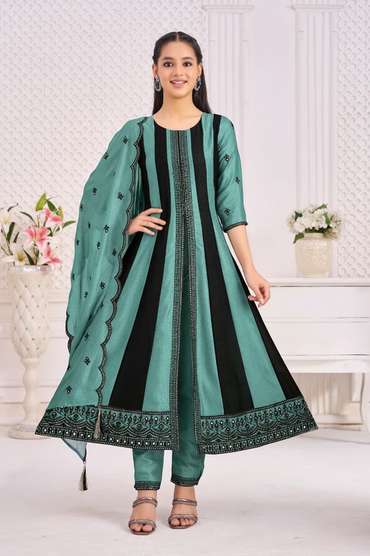 Girl in a green anarkali kurta with palazzo and dupatta by Bimbee
