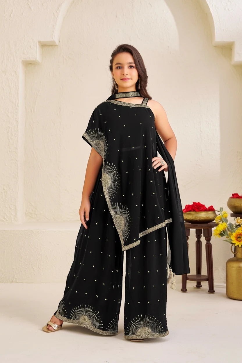 Girl in a black embellished kaftan with palazzo and dupatta by Bimbee