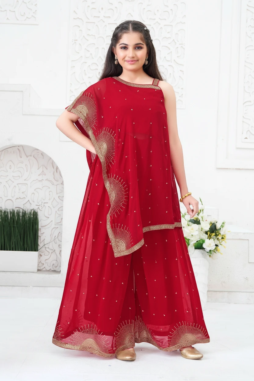 Girl in a red embellished kaftan with palazzo and dupatta by Bimbee