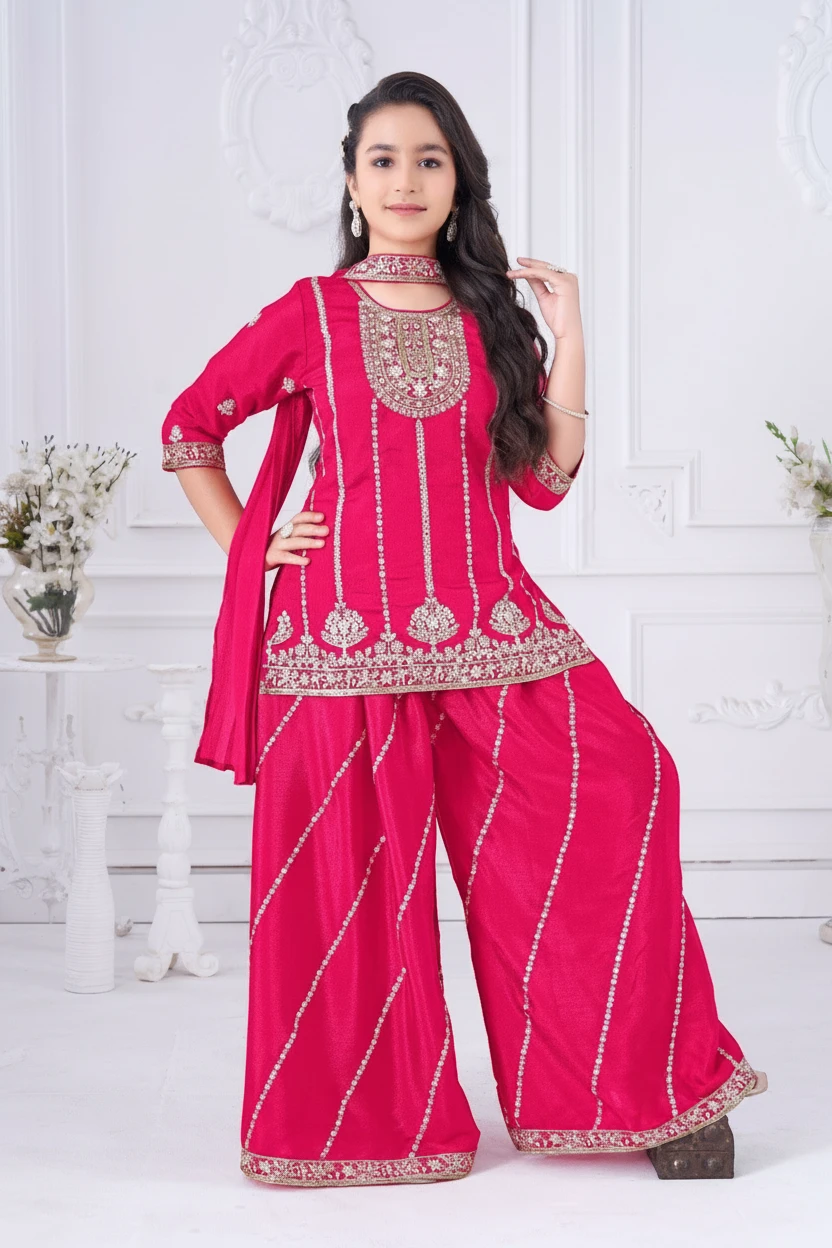 Girl in a rani pink embroidered kurta and sharara palazzo suit by Bimbee