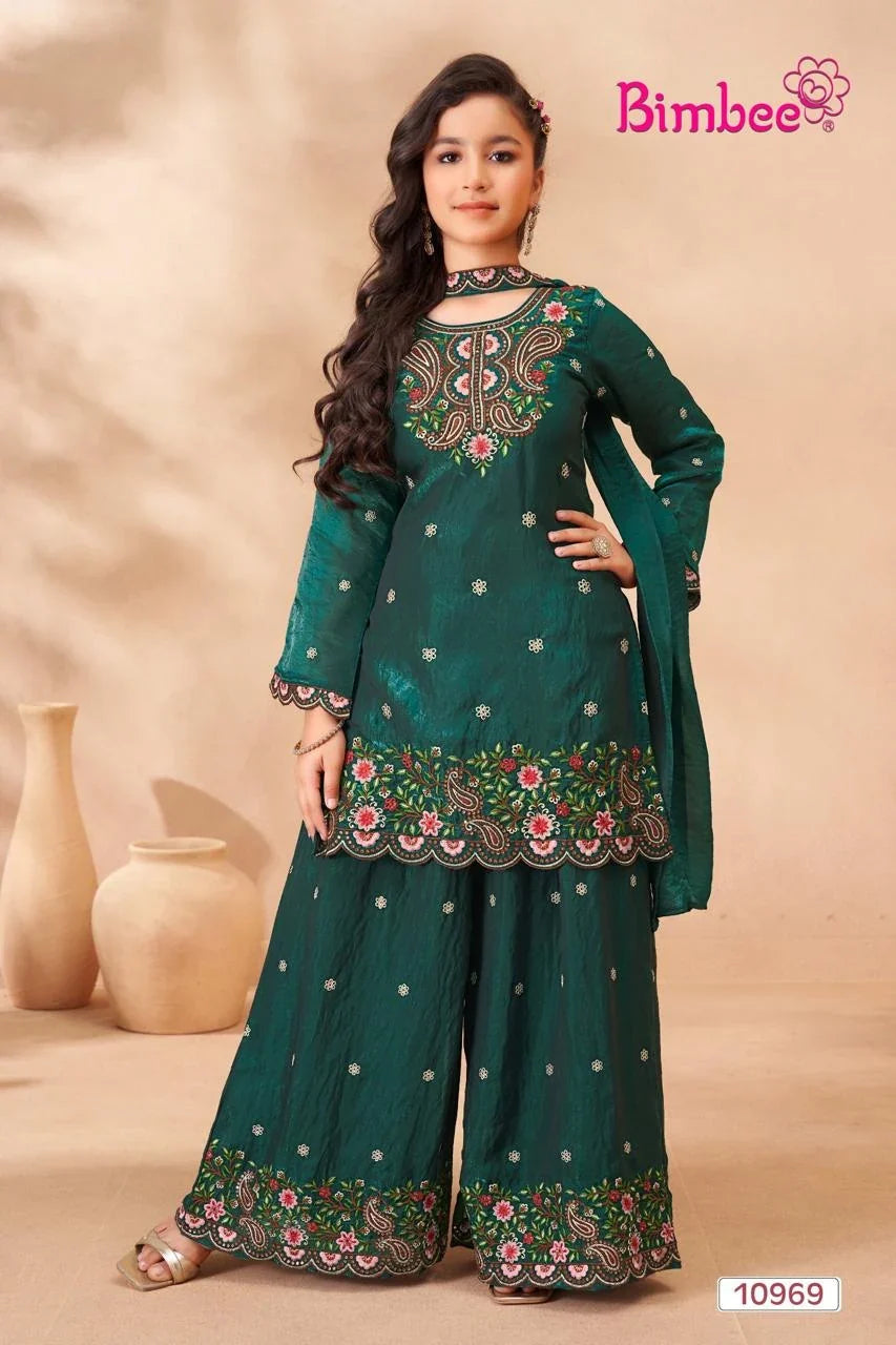 Bimbee girls green embroidered plazo suit with kurti and dupatta