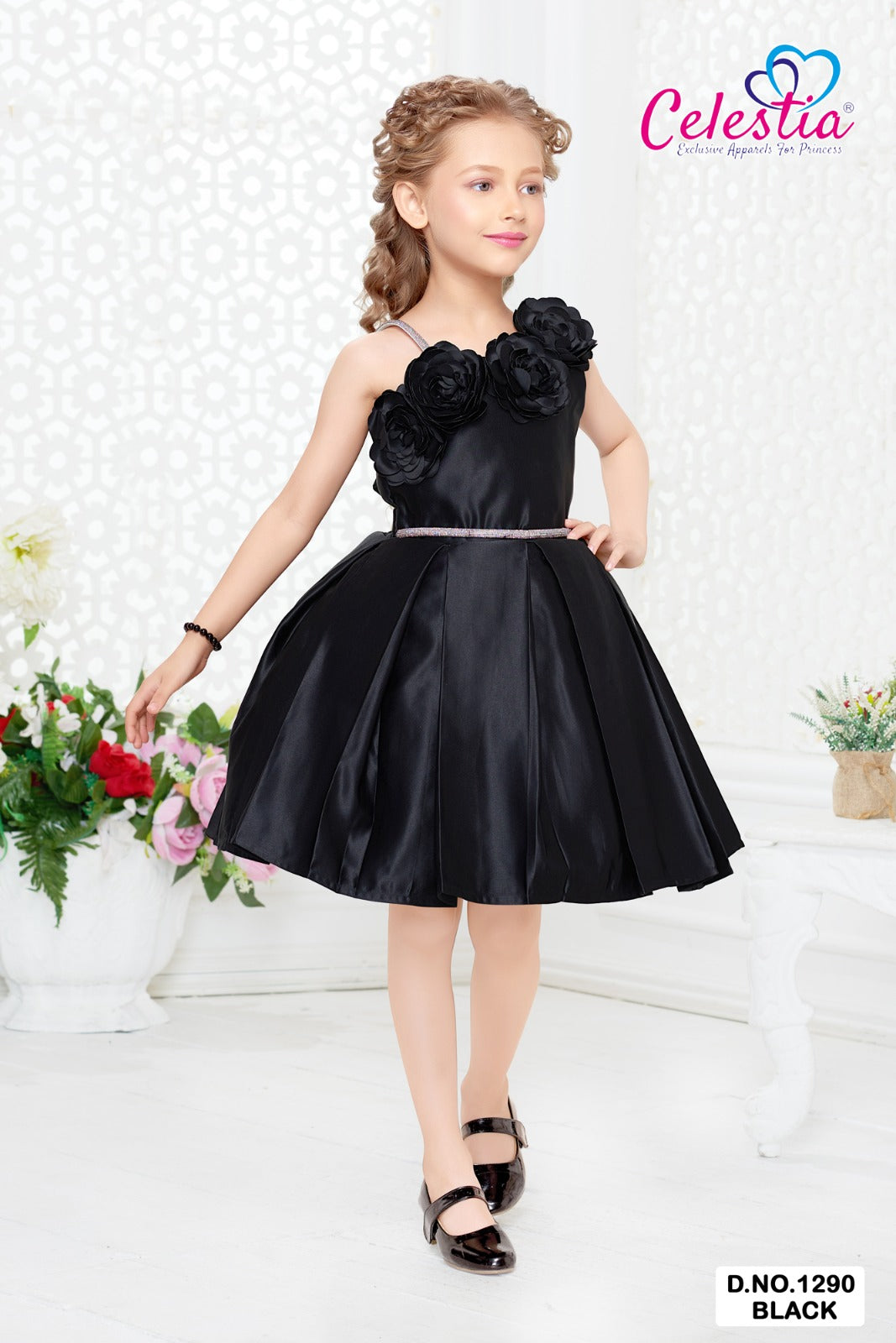 Celestia Girls Rosette Box Pleated Party Frock in Black