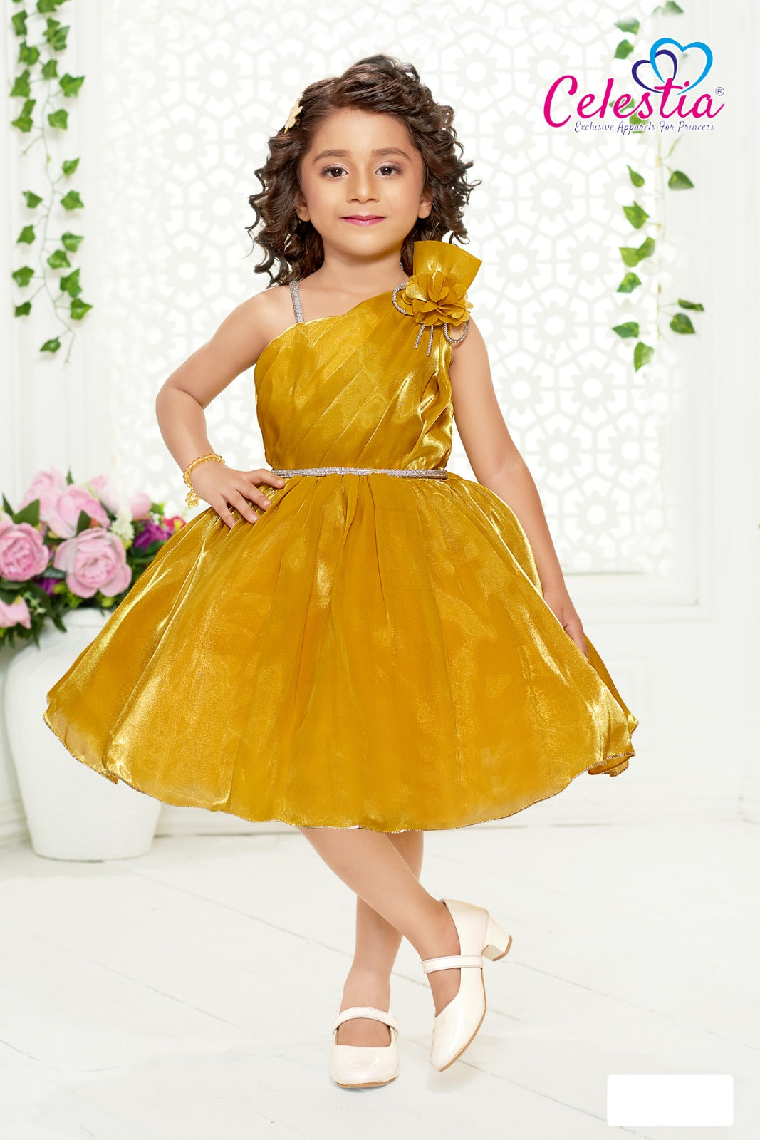 Celestia Girls Gold One Shoulder Party Frock in Gold