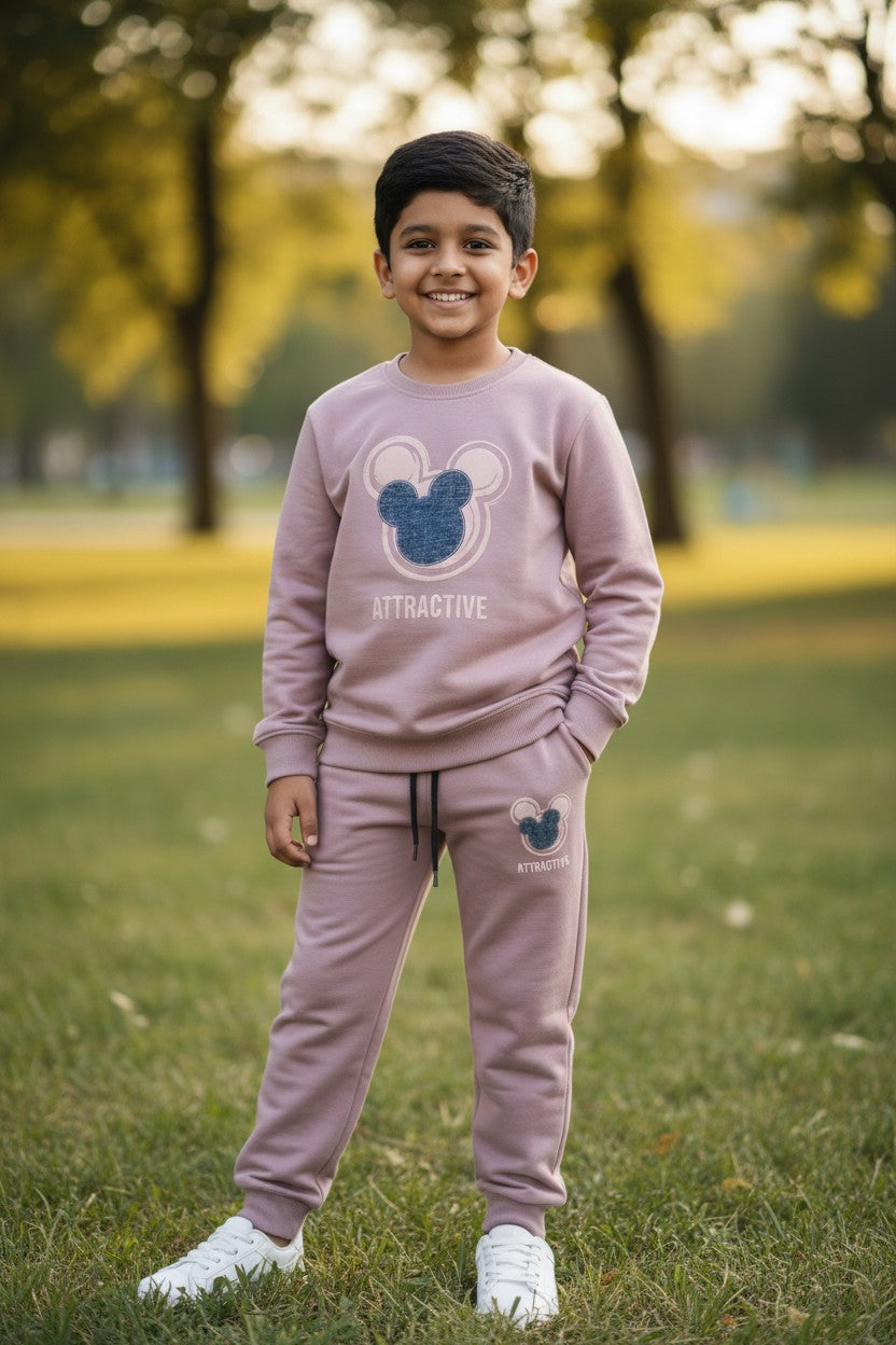 Tomato boys mauve mouse ear applique sweatshirt and jogger co-ord set