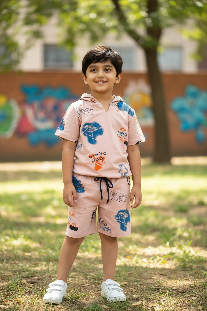 Tomato boys peach graffiti print hooded T-shirt and shorts set