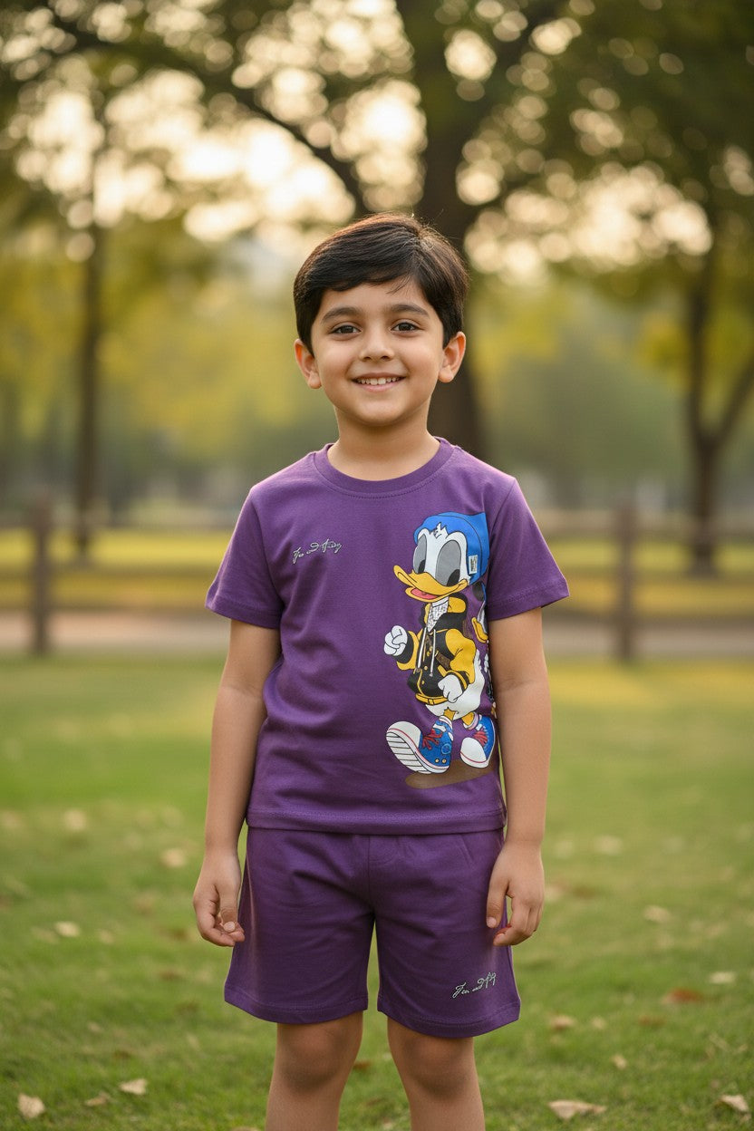 Tomato boys purple cartoon character print T-shirt and shorts set