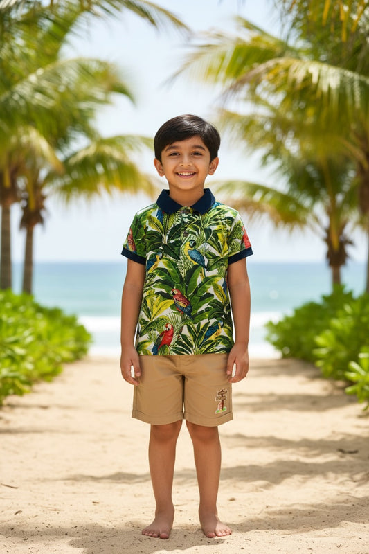 Ollypop Boys Tropical Print Collar Tee Set - Green