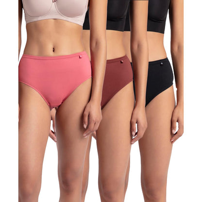 Three models wearing Jockey cotton hipster panties in coral pink, maroon and black