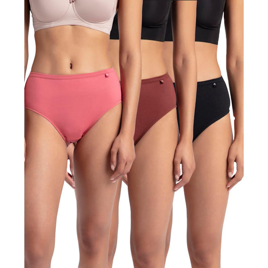Three models wearing Jockey cotton hipster panties in coral pink, maroon and black