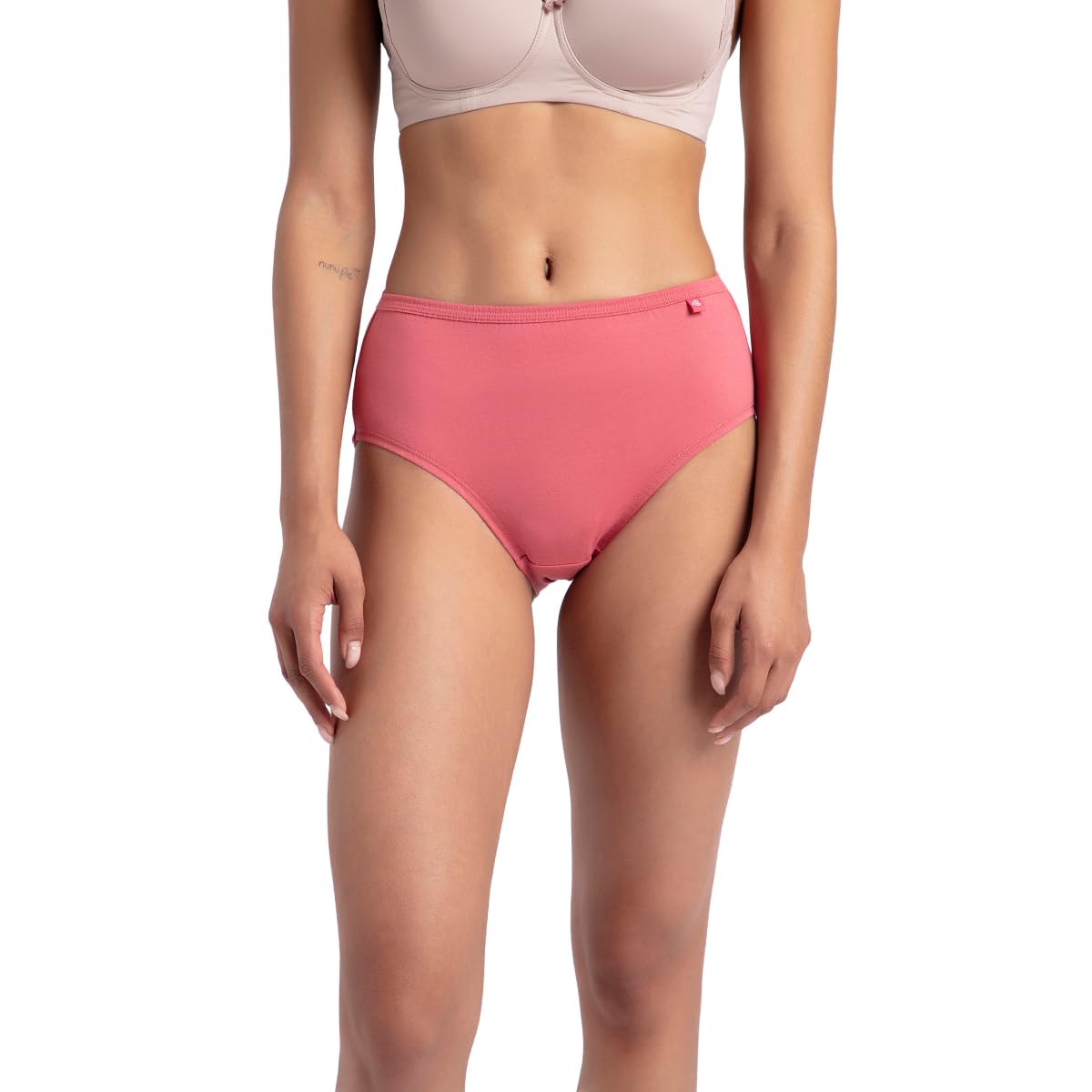 Jockey women's coral pink cotton hipster panty, front view on model