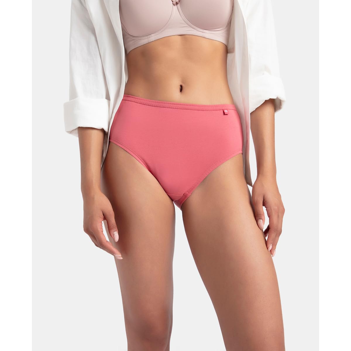 Model in a white shirt and Jockey coral pink cotton hipster panty