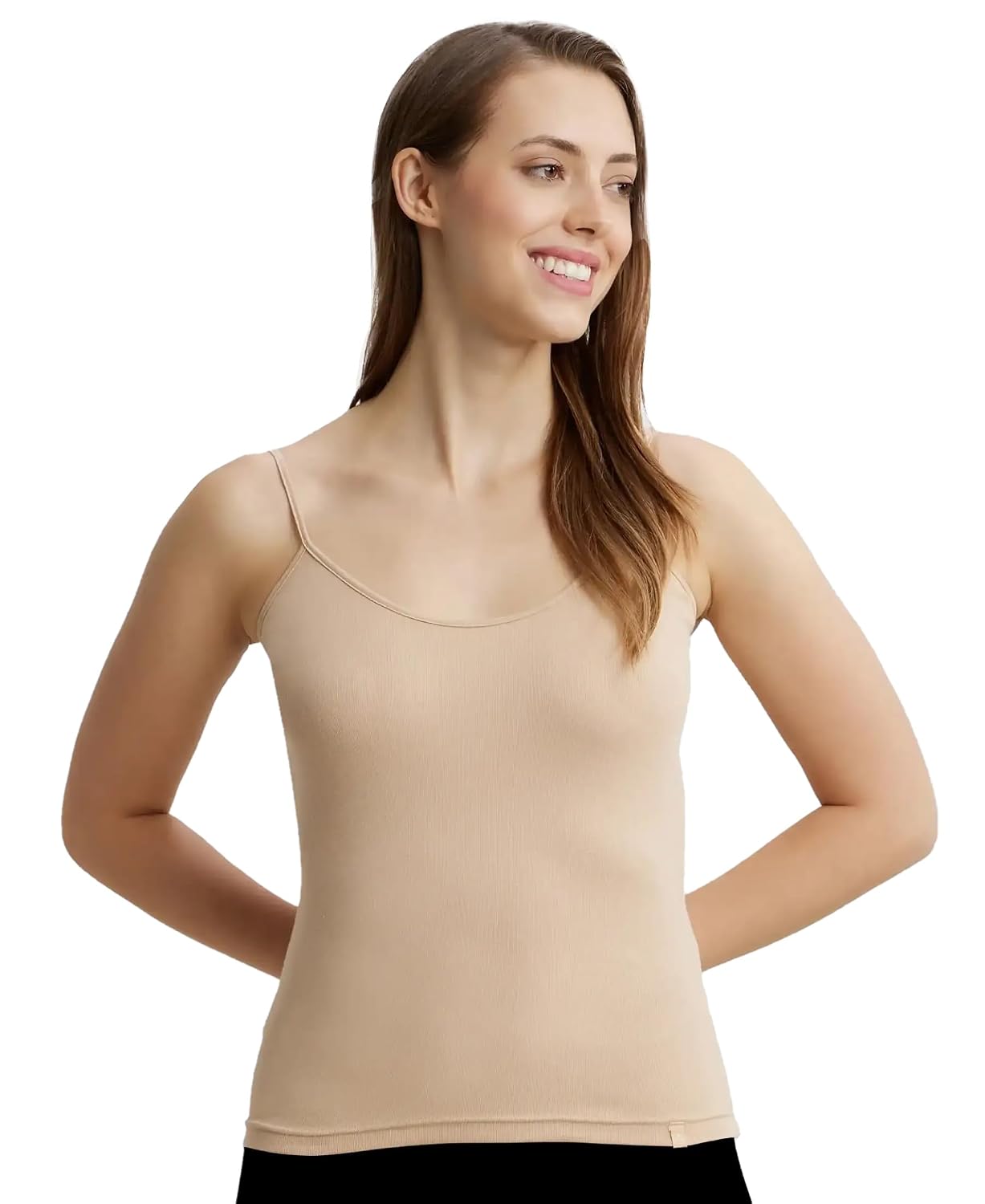 Jockey 1487 women's soft cotton rib camisole in skin, front view on model