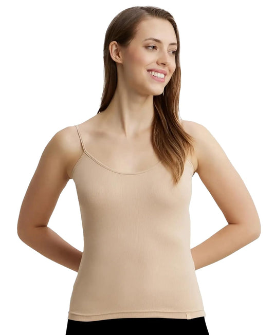 Jockey 1487 women's soft cotton rib camisole in skin, front view on model