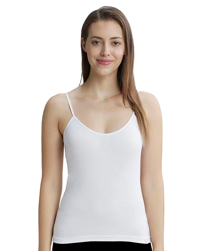 Jockey 1487 women's soft cotton rib camisole in white, worn by a model