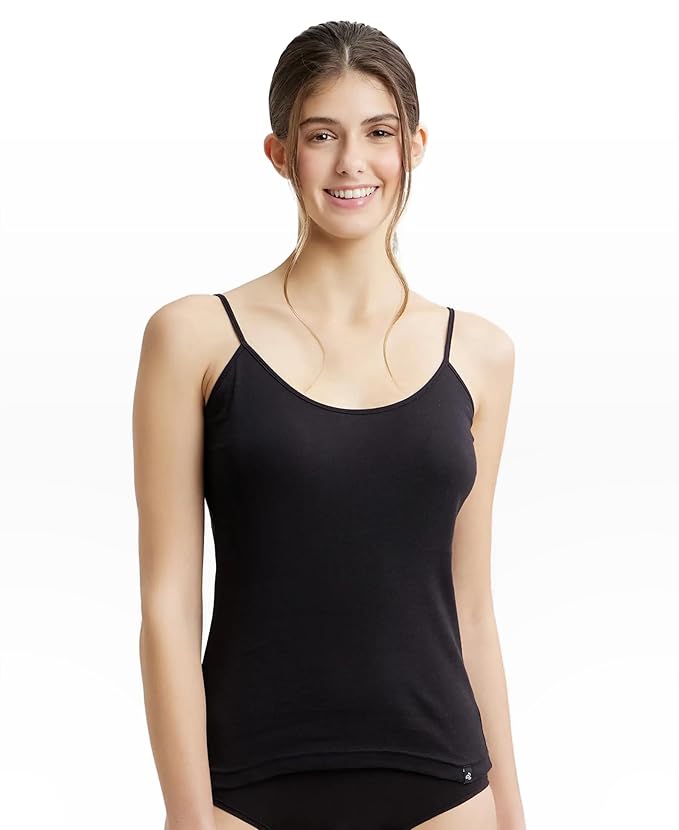 Jockey 1487 women's soft cotton rib camisole in black, worn by a model
