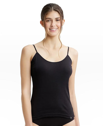 Jockey 1487 women's soft cotton rib camisole in black, worn by a model