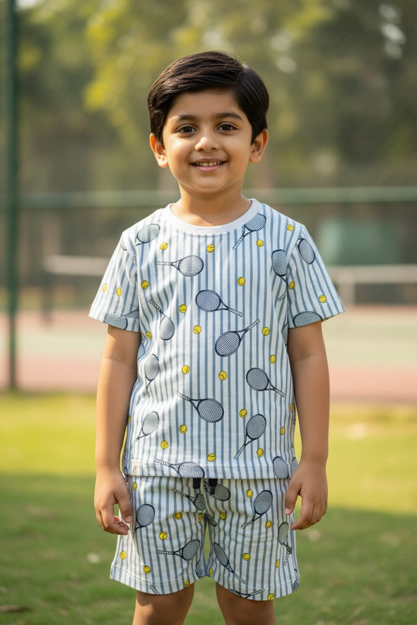 Ollypop Boys Tennis Print Cotton Co-ord Set - Blue