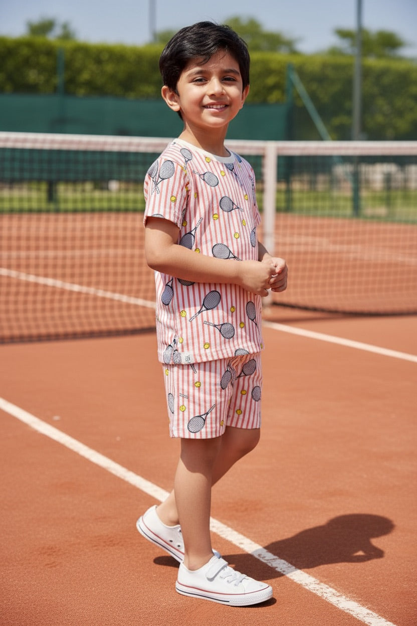 Ollypop Boys Tennis Print Cotton Co-ord Set - Peach