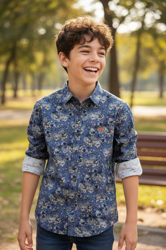 Donoo boys navy floral print full sleeve shirt