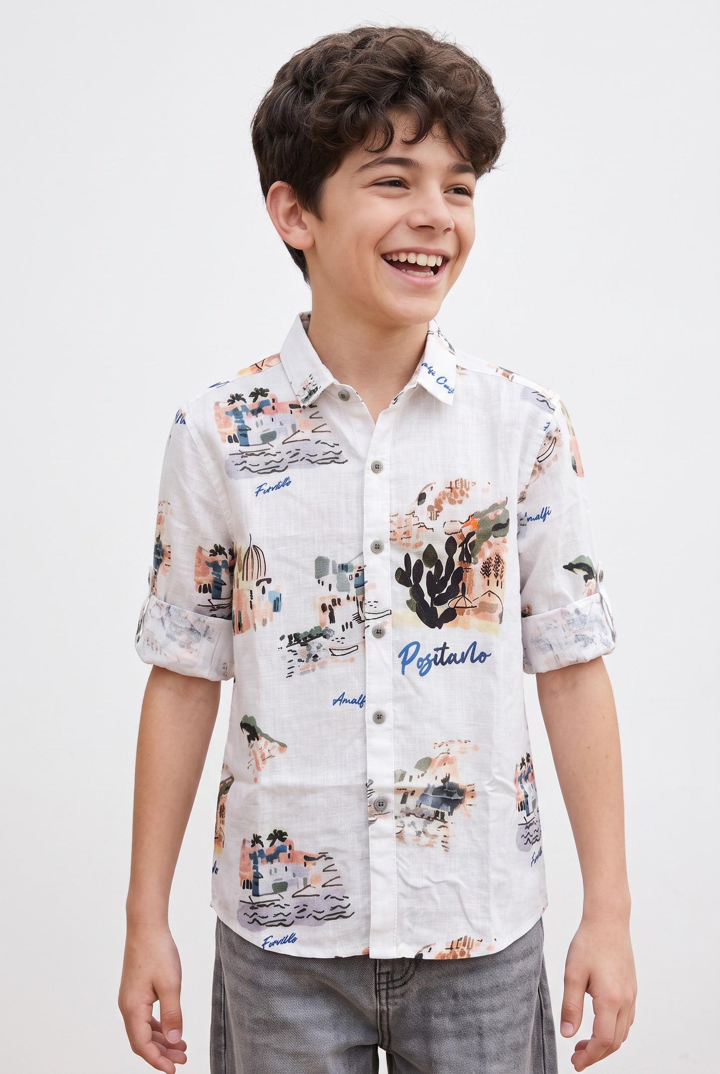 Donoo boys Amalfi coast print linen full sleeve shirt