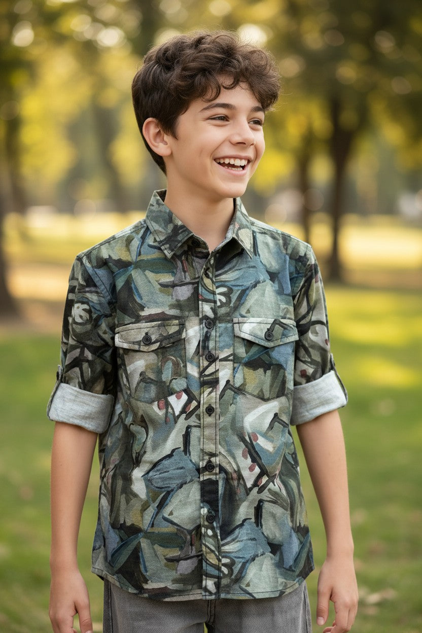 Donoo boys green abstract print linen full sleeve shirt