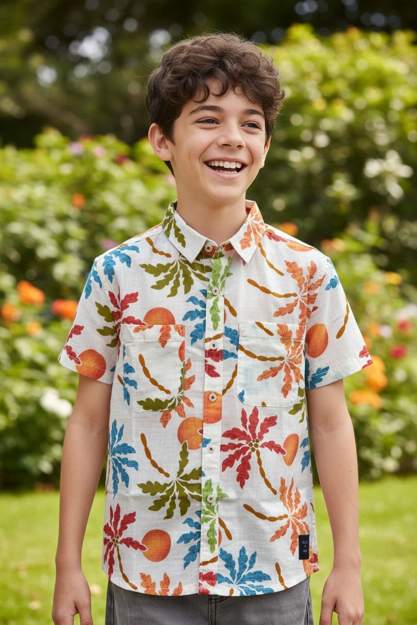Donoo boys multicolour palm print linen half sleeve shirt
