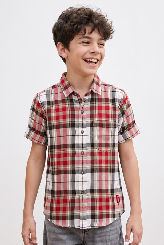 Donoo boys red check half sleeve shirt
