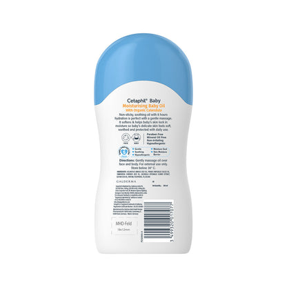 Back of the Cetaphil Baby moisturising oil bottle with usage details