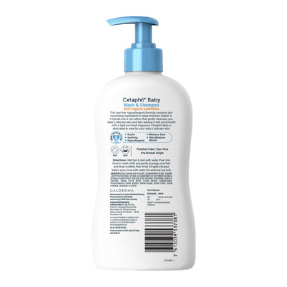 Back of the Cetaphil Baby wash and shampoo bottle with directions for use