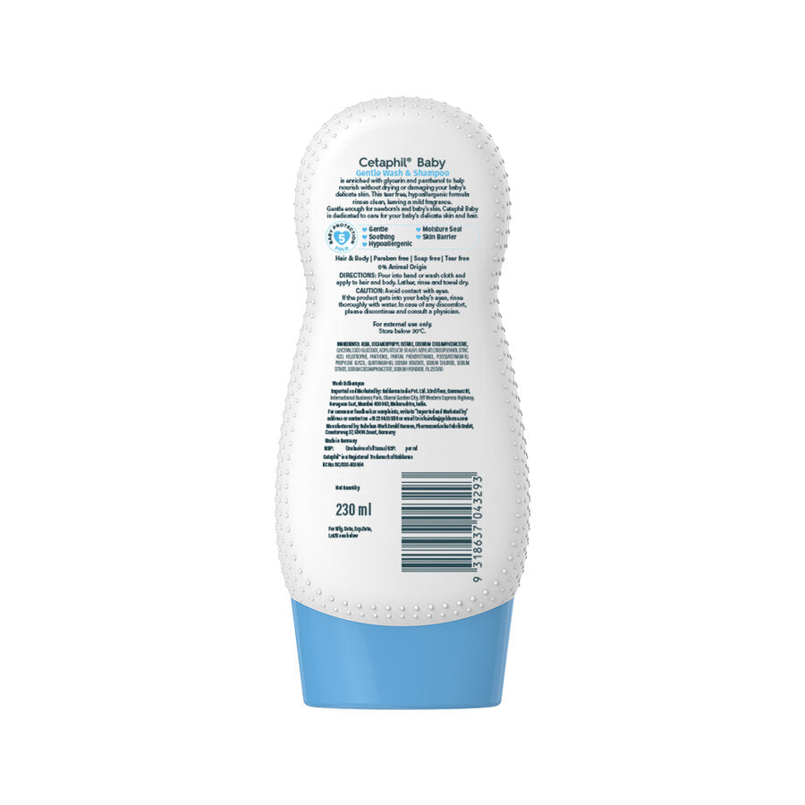 Back of the Cetaphil Baby gentle wash and shampoo bottle with directions