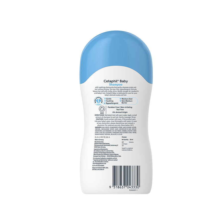 Back of the Cetaphil Baby tear-free shampoo bottle with directions