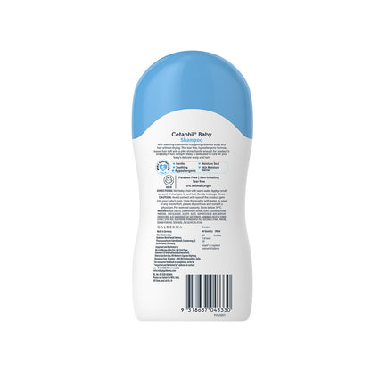 Back of the Cetaphil Baby tear-free shampoo bottle with directions