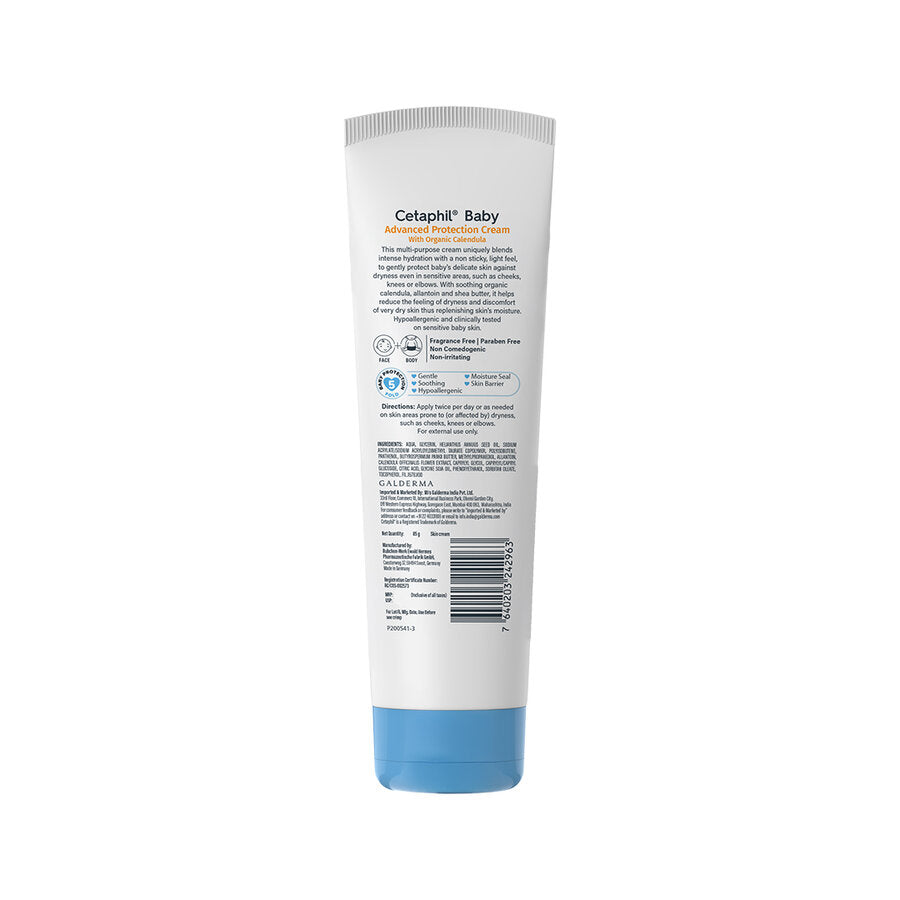 Back of the Cetaphil Baby advanced protection cream tube with usage details
