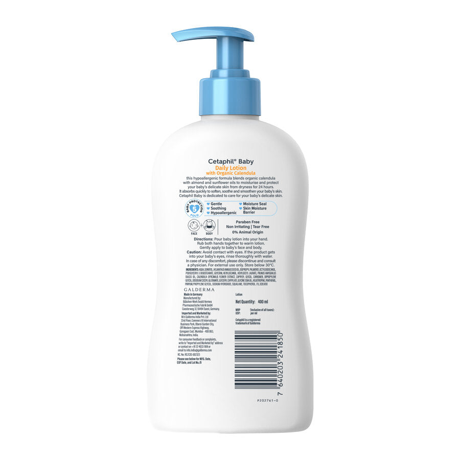 Back of the Cetaphil Baby daily lotion pump bottle with usage directions