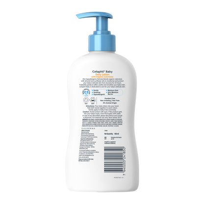 Back of the Cetaphil Baby daily lotion pump bottle with usage directions