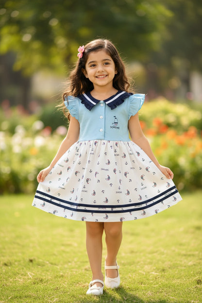 Doreme Girls Sailor Print Flutter Sleeve Dress Blue - 20524