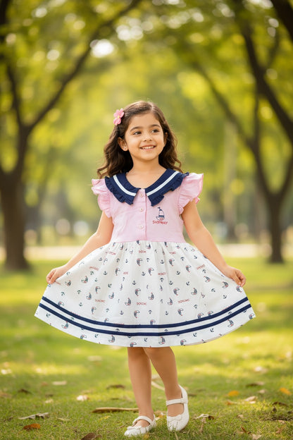 Doreme Girls Sailor Print Flutter Sleeve Dress Pink - 20524