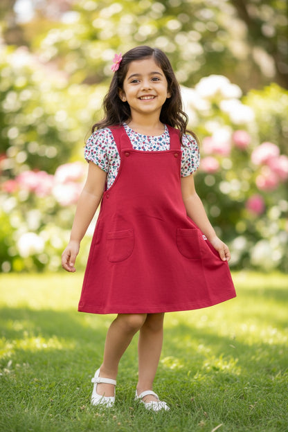 Doreme Girls Pinafore Dress With Floral Tee Strawberry Pink - 20530